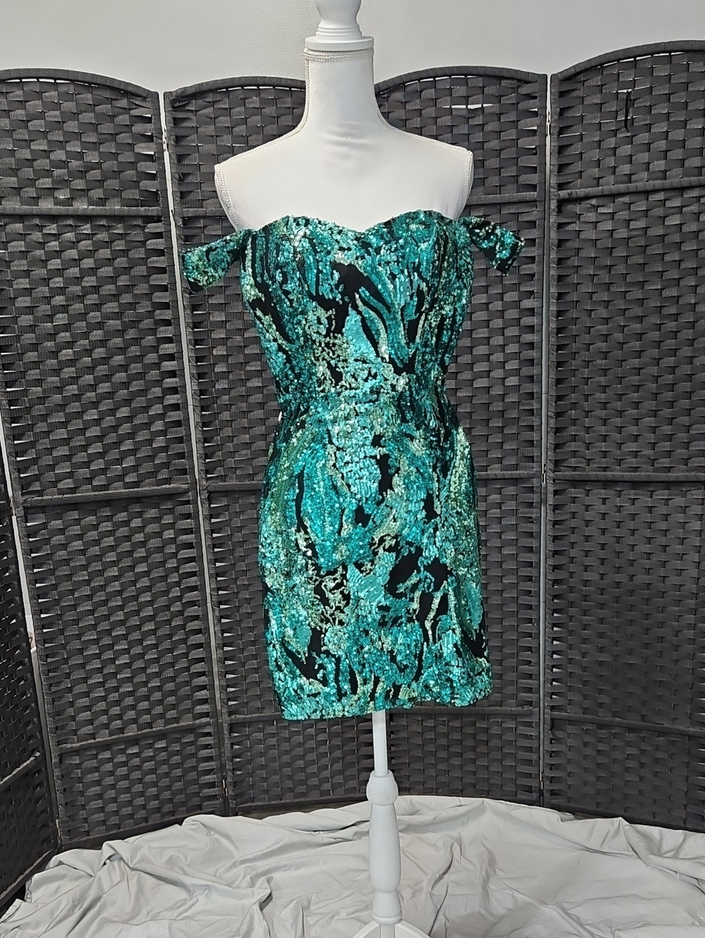 Black Label Teal Sequin Off-Shoulder Mini Dress